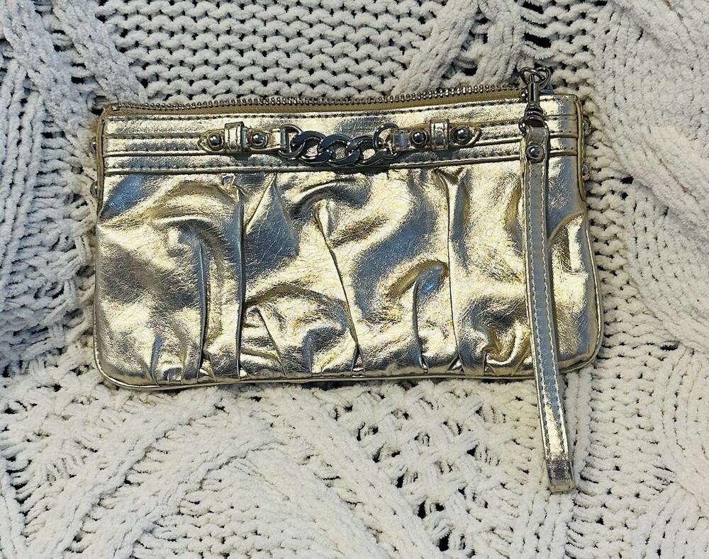 Express Gold Mini Handbag Wrist Strap 8.5" x 5” Zipper Vintage Evening Glam Chic